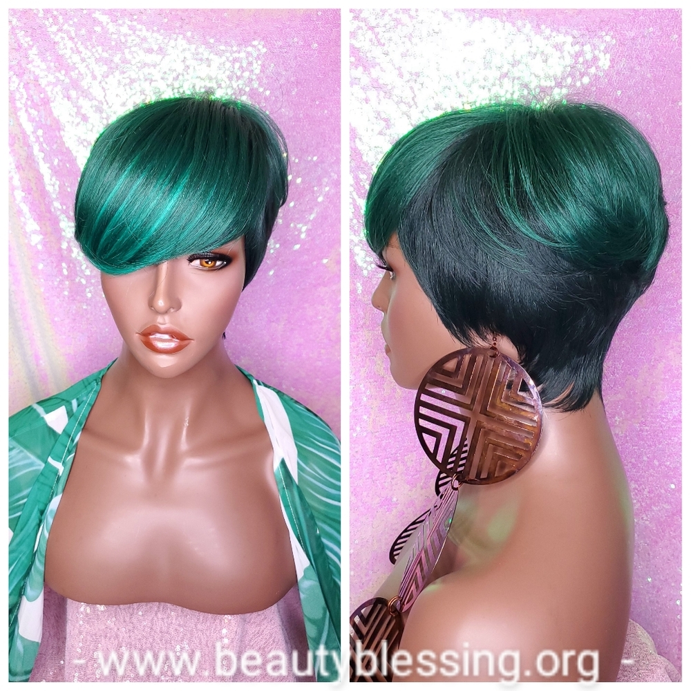 Wig Pixie Cut Swoop Bang Hair Green Ombre